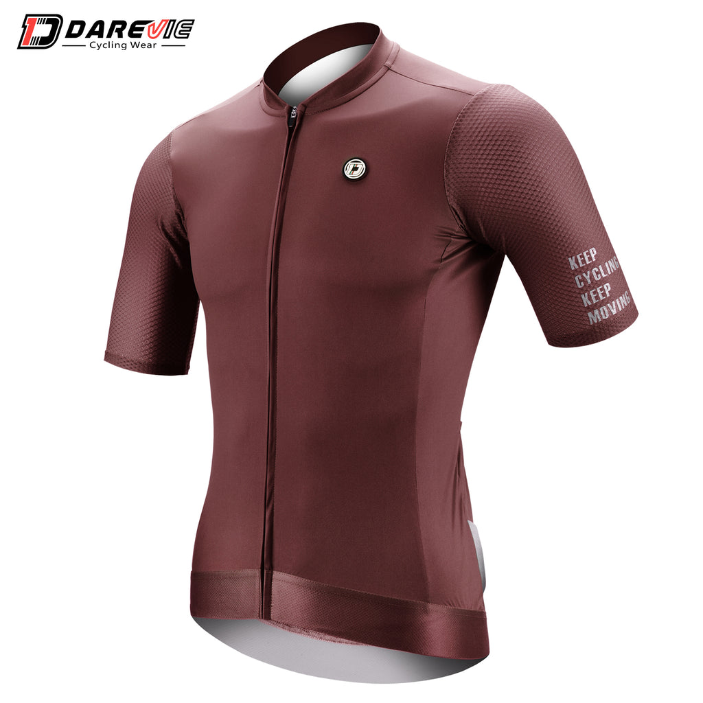 Maroon cycling jersey with text on sleeves against a white background, featuring Darevic branding.